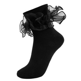 MKYSZLT Soft Women Big Ruffle Ankle Socks Cute Adult Double Lace Frilly Socks Fold Cuff Cotton Ruffled Dress Crew Bobby Bride Sock (US, Numeric, 6, 9, Regular, Regular, black - 1 pair)