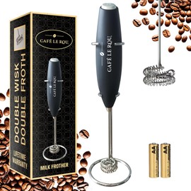 Cafe le Rou Milk Frother Handheld Battery Operated - Double Whisk with Stand. Batteries included. Electric Foam Maker, Drink Mixer with Stainless Steel Whisk