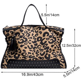 KEEPOP Oversized Leopard Purse,Women Studded Tote Handbags Animal Printing Punk Large Shoulder Bags Hobo Tassel Rocker Rivet, Black, One Size