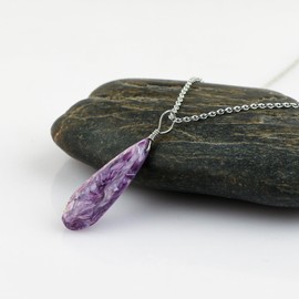CRYSTALIS Natural Charoite Cabochon Crystal Pendant Necklace, Polished Long Tear-Drops Gemstone, Chakra Healing Gift, Dainty Women Jewelry, 925 Sterling Silver Chain 18 inch