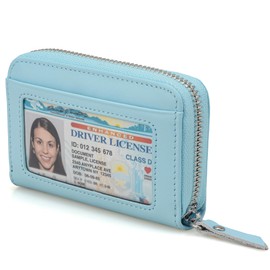 KM Legend Wallet for Women,Slim RFID Blocking Credit Card Holder with ID Window,Double Zipper Compact Purses for Women with Coin Pocket, Light Blue, One-Zipper