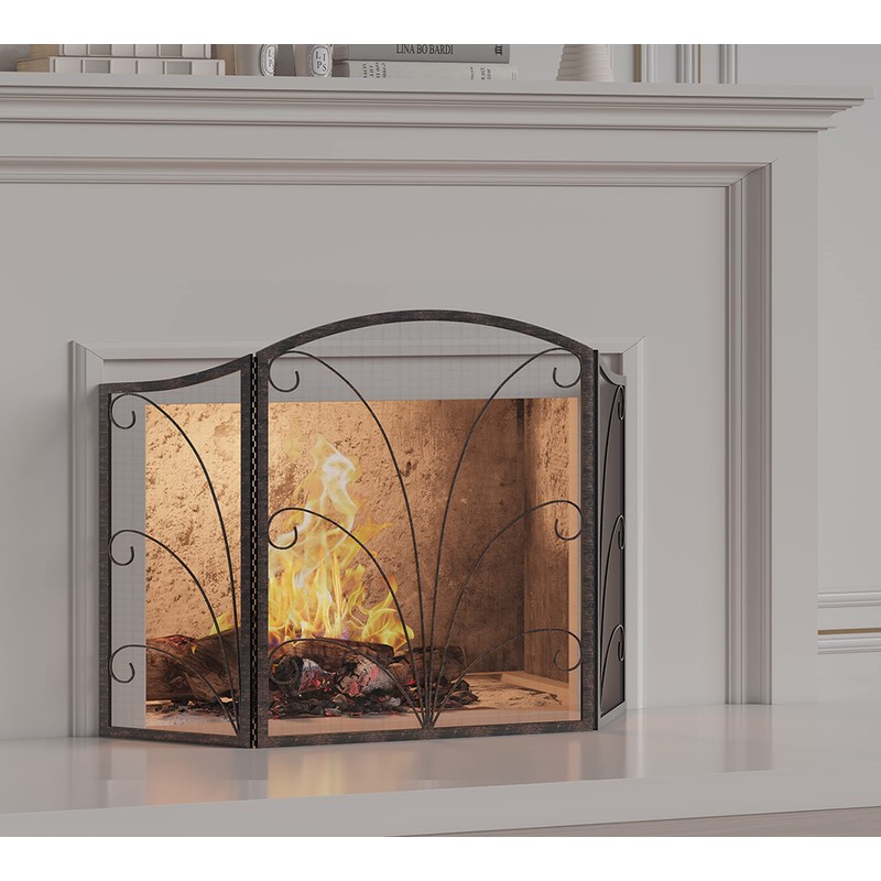 Kingson 3-Panel Arched Childproof Fireplace Screen Decorative, Handcrafted Scroll Wrought
