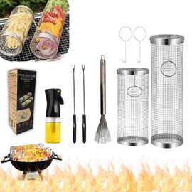 Rolling Grilling Basket for Outdoor Grilling - 2PCS - Stainless Steel BBQ Accessories for Outdoor Grill & Camping - Grill Baskets for Shrimp, Fish, Vegetable & Meat (1M1L) - Bundled with Oil Sprayer & Cleaning Brush