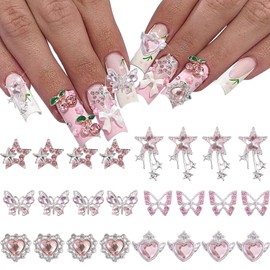 Butterfly Star Heart Nail Charms, Glitter Silver Star Nail Gems for Acrylic Nails Supplies Heart Nail Crystal with Pink Rhinestones Y2K Nail Jewelry Accessories for Women DIY Nail Decorations 18 Pcs