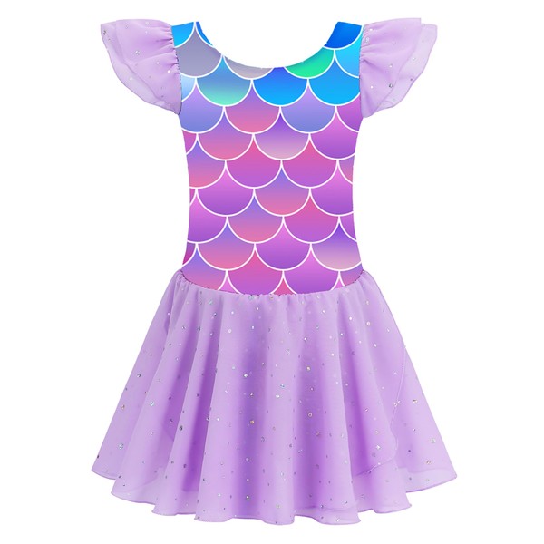 MdnMd Purple Dance Ballet Dress Leotards Ruffle Short for Girls