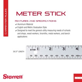 Starrett Aluminum Meter Stick Metric/English - 39.37" Blade Length, 1-1/8" Blade Width, .075" Thickness 1mm, 1/8" Graduation - MS-2
