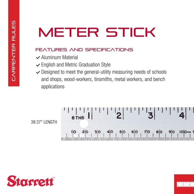 Starrett Aluminum Meter Stick Metric/English - 39.37" Blade Length, 1-1/8"