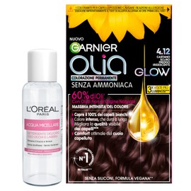 Garnier Olia Permanent Hair Colour Ammonia Free Brightening Nourishing Colour 4.12 Dark Brown Cool Iridescent + Micellar Water Gentle Cleansing for Face, Eyes, Lips, Travel Size 30ml