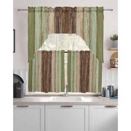 Sage Green Brown Wooden Swag Kitchen Curtains Valance and Tier Set 24 Inch Length, Vintage Rustic Farmhouse Wood Plank Rod Pocket Swag Curtains for Living Room Bedroom Bathroom Window Drapes 3 Piece