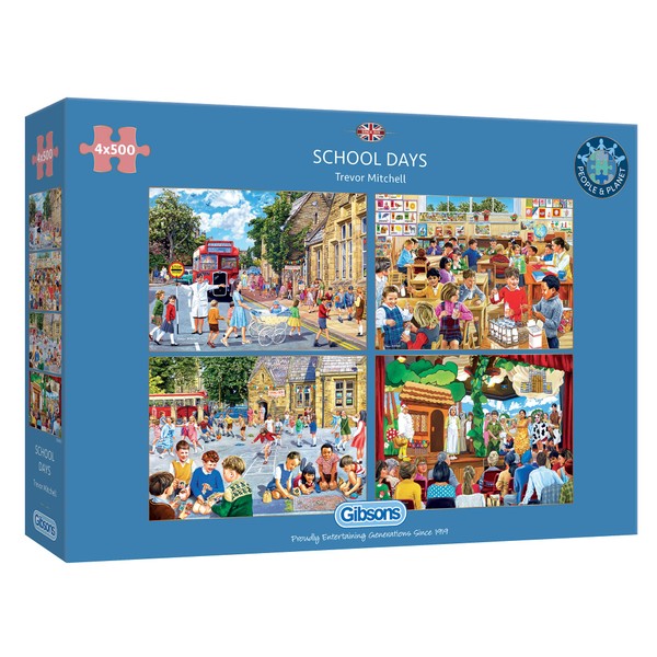 School Days 4x500 Piece Jigsaw Puzzle | 4 Puzzles in 1 Box | School Jigsaw | Sustainable Puzzle for Adults | Premium 100% Recycled Board | Great Gift for Adults | Gibsons Games