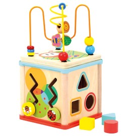 Bino Motor Skills Cube with Clock, Toy for Children from 1 Year (Wooden Toy with 5 Different Playing Options, Promotes Motor Skills, Child-friendly Design), Multi-Colour