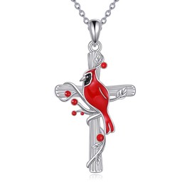 ONEFINITY Red Cardinal Necklace 925 Sterling Silver Cardinal Cross Pendant Necklaces Jewelry for Bird Lover Gifts (Red cardinal)