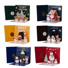 Christmas Cards Pack, Set of 6 Cute Illustrative Designs, 3D Small Christmas Cards with Cute Colorful Background, Gold Edge Envelope Stickers, XmasSnow Santa Bear Bunny Reindeer Snowman Elements