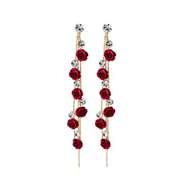 TOFBS Earrings for Women Rose Flower Pendant Long Tassel Earrings S925 Sterling Silver Cubic Zirconia Dangly Drop Retro Boho Statement Earrings for Women and Girls Red