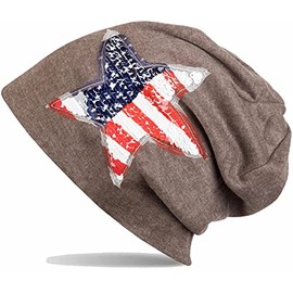 styleBREAKER beanie hat with sequins star USA application, stars and stripes, Unisex 04024033, colour:brown