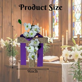 Easter Cross Wreath for Front Door, 14 Inch Rustic Cross with White Lily Flowers and Purple Ribbon, Spring Religious Wall Hanging Decor for Home Porch Church Party Celebration