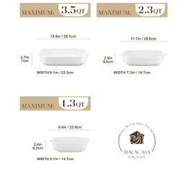 MALACASA Casserole Dishes for Oven, Ceramic Baking Dishes Set of 3, Rectangular Lasagna Pan Deep Baking Pans, Bakeware Sets with Handles Gift Set, White (13.8''/11.7''/9.4''), Series BAKE