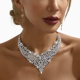 Zthread Wedding Bridal Jewelry Set Silver Crystal Rhinestone Statement Necklace Vintage Collar Necklace Dangle Earrings Set for Women (White)