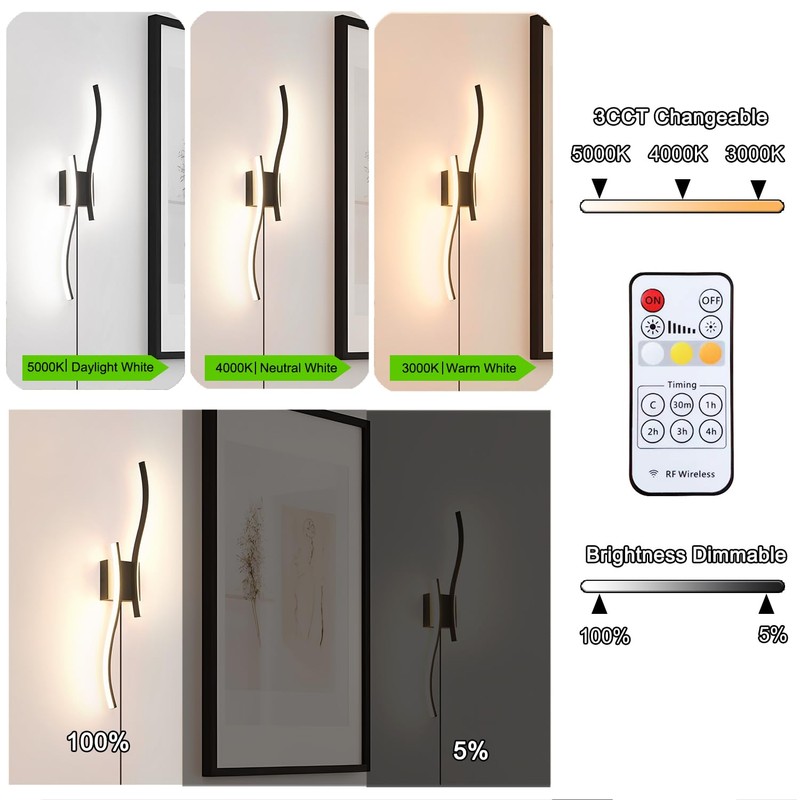 Daunton Modern Plug in Wall Sconce Set of 2, Black