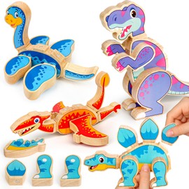 YIQOGAME Montessori Wooden Puzzle - Dinosaur Toy Puzzles for Children Aged 3-5 Years, Promotes Fine Motor Skills and Problem Solving Skills, Wooden Toys from 2 3 4 5 6 Years