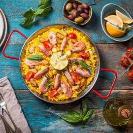 EL CID Spanish Paella Pan with Red Handle Professional Paella Pan with Recipe, Paella 10.2 inches (26 cm), Service for 1-2
