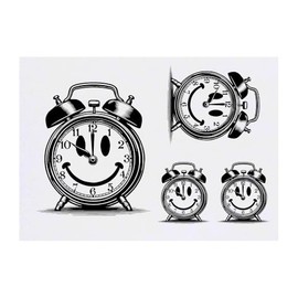 4 x 'Smiling Alarm Clock' Temporary Tattoos - Water Resistant, Skin-Safe, Non-Toxic Transfers, Mixed Sizes (TO00085468)
