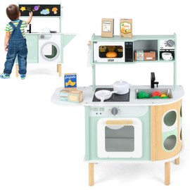 INFANS Kids Kitchen Playset, Toddler Wooden Pretend Cooking Set with Stove Microwave Dustbin Storage Cabinet, Play Kitchen Toy Set with Toy Food Cookware Accessories for Children Boys Girls