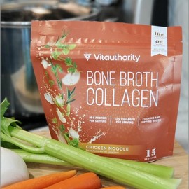 Vitauthority Bone Broth Collagen Supplement Delicious Chicken Noodle Flavored - 16g Protein & Types I II III - Nourishes Skin Hair Nails Joints Gut - Easy Preparation High Performance - 15 Servings - Fitness