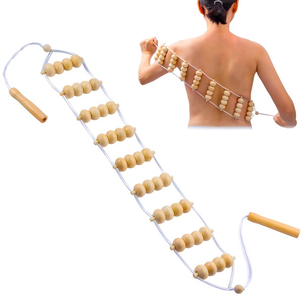 Wood Back Massage Roller Rope Tool, Wood Therapy Cellulite Massage Tools, Maderoterapia Colombiana, Lymphatic Drainage, Portable Wooden Self Massager for Neck Leg Back Muscle Pain Relief(47.2inch)