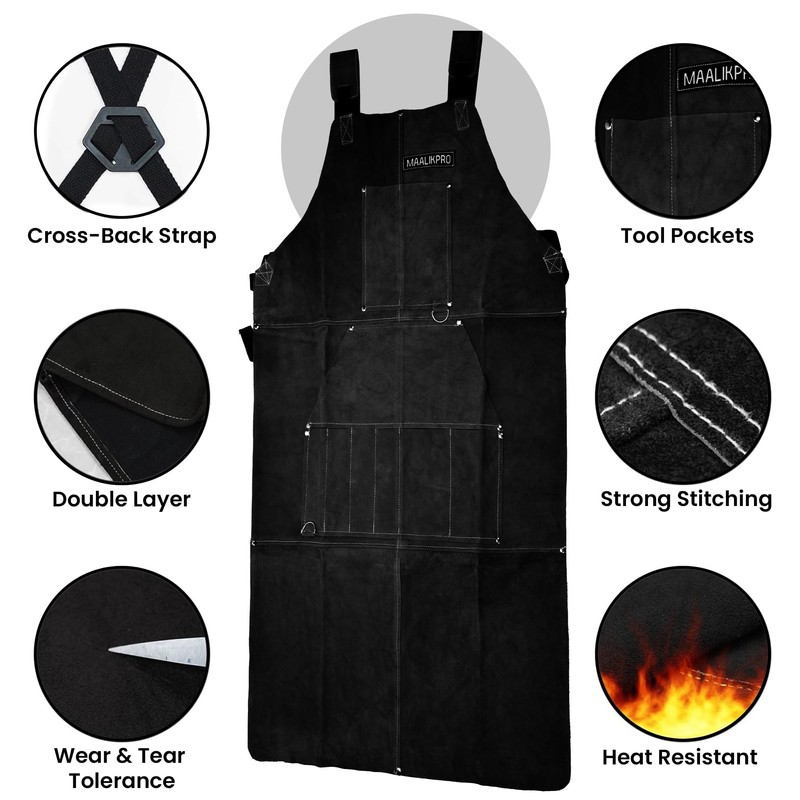 MAALIKPRO Leather Welding Work Apron with 9 Tool Pockets (Black)