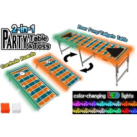 2-in-1 Cornhole Boards & Beer Pong Tailgate Table w/Multi-Color LED Lights - Miami Football Field