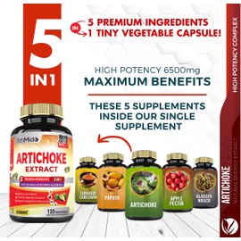 Artichoke Supplement Extract Capsules 6500mg, 4 Months Supply with Papaya, Apple Pectin, Turmeric Curcumin, Bladderwrack - Supports Digestion Function - 120 Vegan Capsules