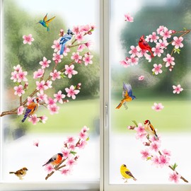 decalmile Cherry Blossom Branch Double Sided Window Clings Birds Floral Flowers Window Decals Anti-Collision Glass Window Doors Window Stickers