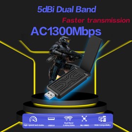 WiFi Adapter,WiFi Adapter for Desktop PC AC1300Mbps Long Range,Dual-Band 5dBi High Gain Antenna,USB 3.0,2.4GHz/5GHz,Support Windows 11/10/8.1/8/7/XP,Mac OS 10.9-10.15