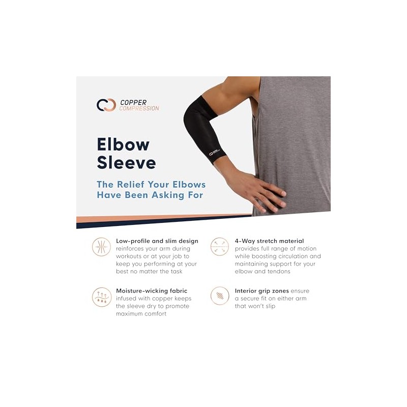 Copper Compression Recovery Elbow Sleeve, #1 Guaranteed Highest Copper Content!