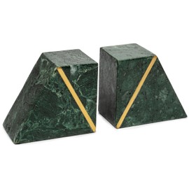 Cork & Mill Marble Bookends, Heavy Book Ends for Shelves, Handcrafted Solid Marble Bookshelf Decor, Decorative Green Book Stoppers with Gold Brass Accent, Non-Skid Bottom, Set of 2