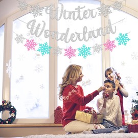 3Pcs Winter Wonderland Banners, Glittery Snowflake Banner Christmas Decorations Banners Winter Holiday Garland Photo Props Banner for Party Home Decor (Silver Blue Pink)