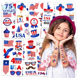 Partywind Labor Day Patriotic Decorations, 75 Styles Temporary Tattoos for Kids Adults USA American Party Accessories, Red White and Blue Party Supplies with USA Flag