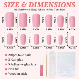 LuckForever 240pc Matte Square Press on Nails Medium Glue on Nails Petal Pink Fake Nails Medium Square Acrylic Nails Press on Nails Full Cover Artificial False Fingernails with Glue Adhesive Tabs