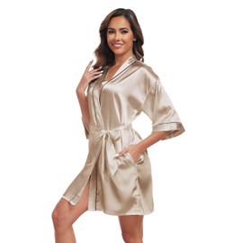 iFigure Women Satin Robes Short Silk Kimono Robe Lightweight Bridal Party Robes Bride Bridesmaids Ladies Loungewear Sleepwear, Deep champagne, M