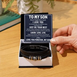 Jewelayer To My Son Bracelet From Dad In Box, Love Forever Leather Wristlet For Men, Double Row Braided Wristband For Man, Bonus Son Bracelet, Gift For Son’s Birthday, Graduation (Two Tone Box)