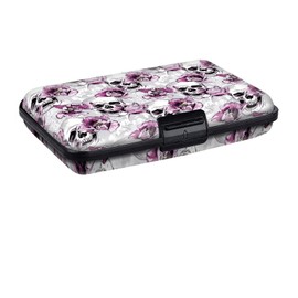 AUEKLLW Mini RFID Aluminum Credit Card Holder for Women Men, Slim Business Hard Card Case, Cute Card Wallet ID Case Luxuious Flowers Skull