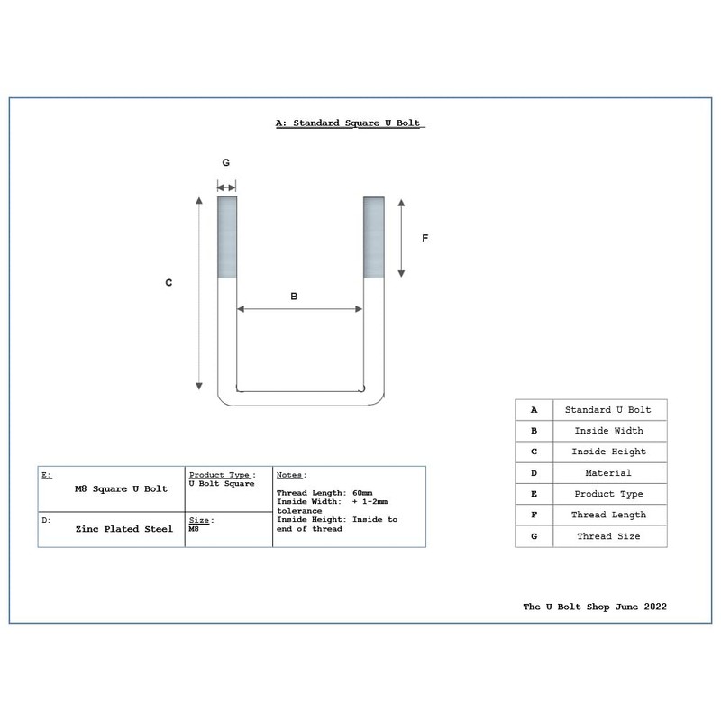 U Bolt Square M8 Thread 50mm Inner Width x 150mm