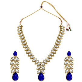 Aheli Gold Plated Traditional Blue Crystal Studded Long Necklace Earrings Jewellery Set Gift for Women