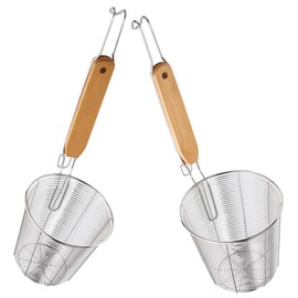 2pcs Kitchen Spider Strainer, Mesh Pasta Basket with Wooden Handle Stainless Steel Mesh Strainer Basket Mesh Spider Strainer for Pasta, Noodles, Dumpling
