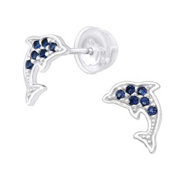 Bungsa Women's Stud Earrings Dolphin with Crystals 925 Sterling Silver, Silver, Cubic Zirconia