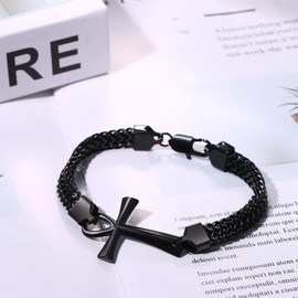 OIDEA Men's Cross Curb Chain Bracelet: Jesus Cross Bible Bracelet Made of Stainless Steel Vintage Ankh Cross Bangle Wrist Jewellery Gift for Men Family Friend, Stainless Steel