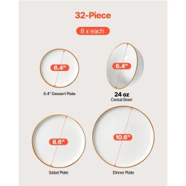 32-Piece White Ceramic Dinnerware Set With Gold Rim For 8 Servings, Includes Plates And Bowls, Durable Tableware For Everyday UsQuantity: 32 PCS