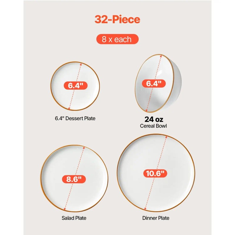 32-Piece White Ceramic Dinnerware Set With Gold Rim For 8