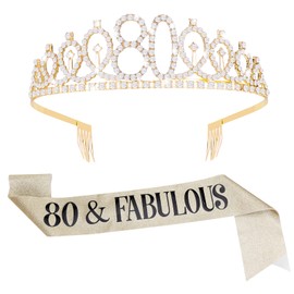 Aster 80. Geburtstag Krone und Schärpe, Gold Geburtstagskrone Tiara Frauen Prinzessin Strass-Krone Partydekorationen zum 80. Geburtstag, für 80. Geburtstag Geschenke